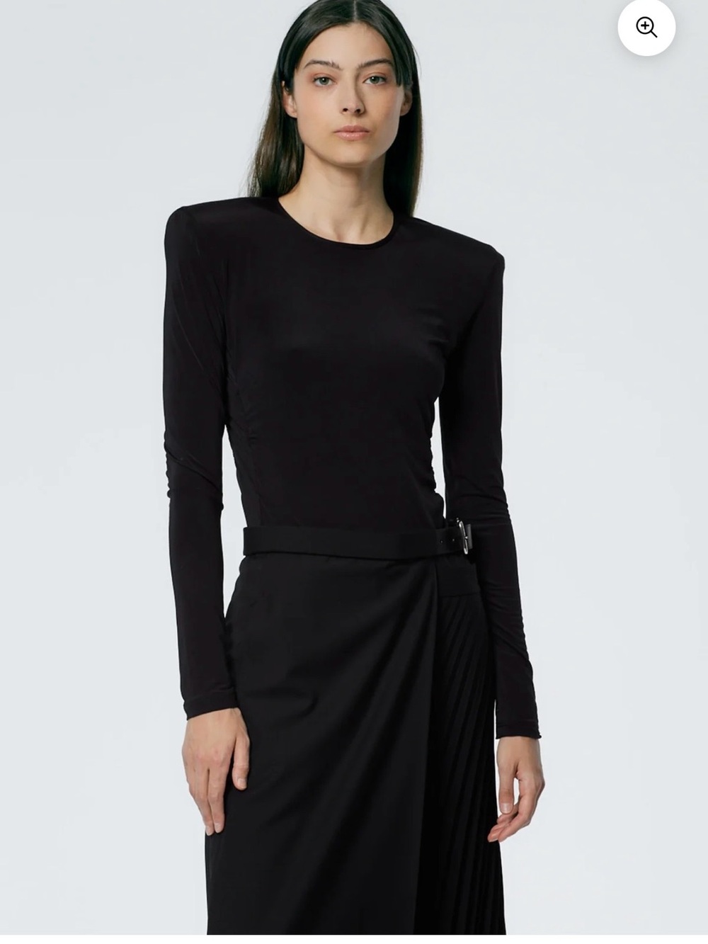 Tibi Black Long-Sleeve Crewneck Top with Structured Shoulders